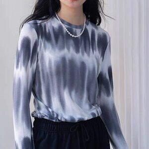 Fun Tie-dye Printed Ombre Marble Print Long Sleeve Tee White and Gray